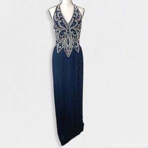 Vintage 90’s Navy Blue & Silver Beaded Halter Gown